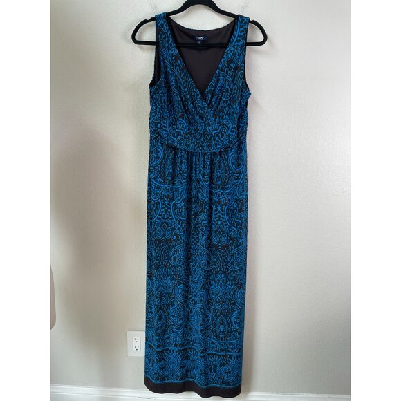 Chaps Womens Large Blue Black Stretch Maxi Dress Sleeveless V Neck - Picture 6 of 7